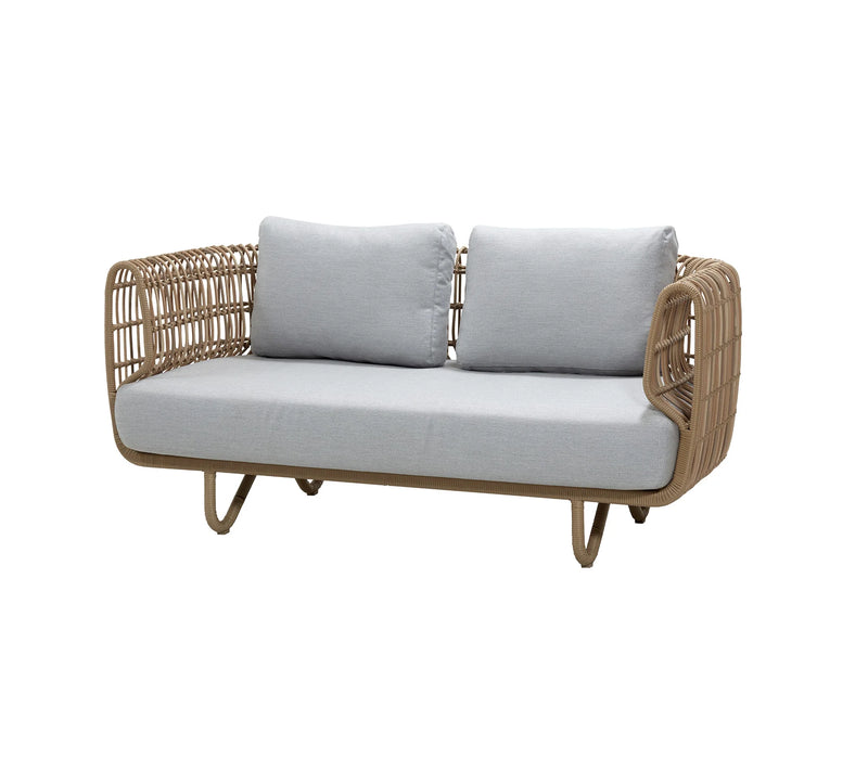 Outdoor sofa with grey cushions on white background