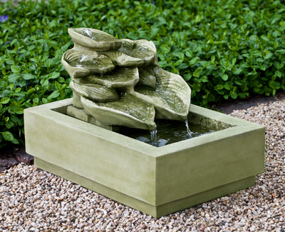 Hosta shaped leaves dripping water into rectangular basin in light green finish