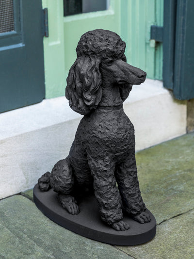 Black French poodle sitting on plinth