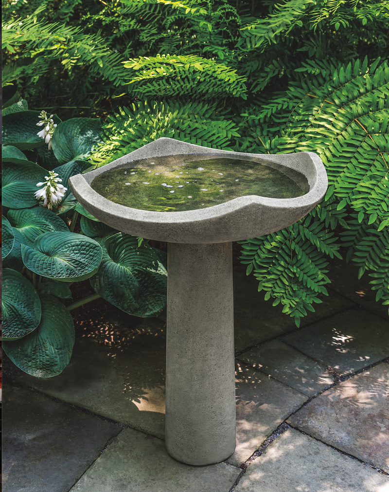 Gray birdbath with four curved sides on top of cylindrical pedestal