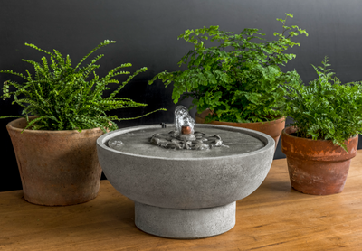 Gray tabletop fountain with medallion detail on circular top pictured next to potted ferns