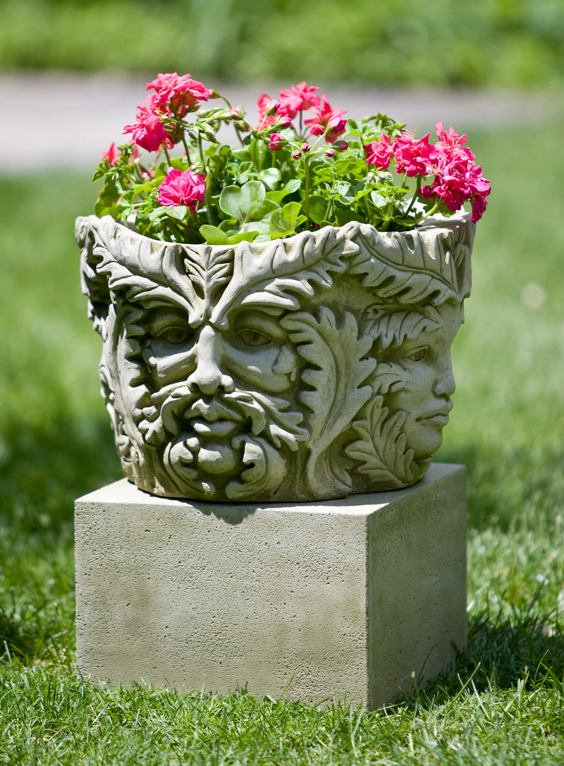 Ornate container planted with geraniums on top of a square pedestal