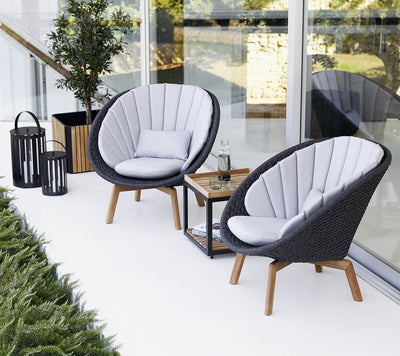 Two armchairs  on white patio next to a potted plant and black lanterns