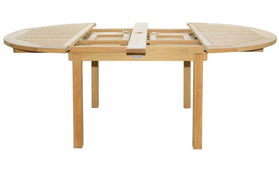 Open extended teak table on white background