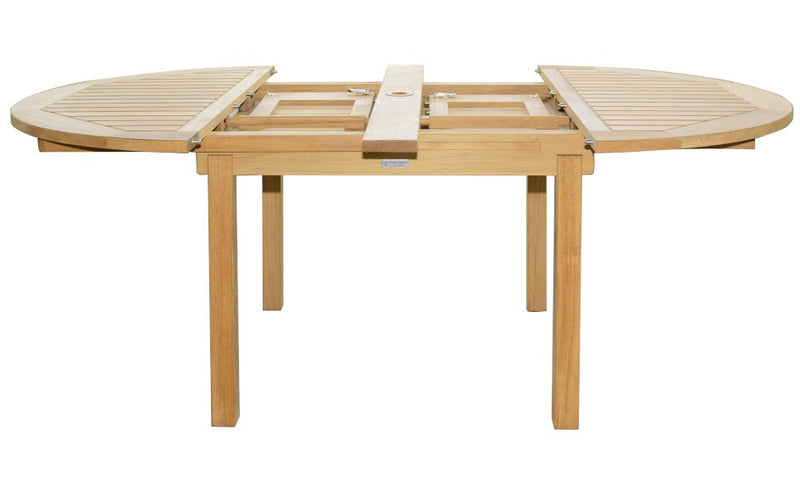 Open extended teak table on white background