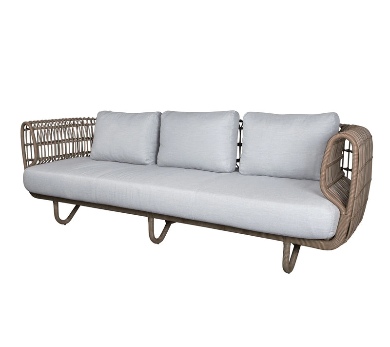 Outdoor sofa with grey cushions on a white background