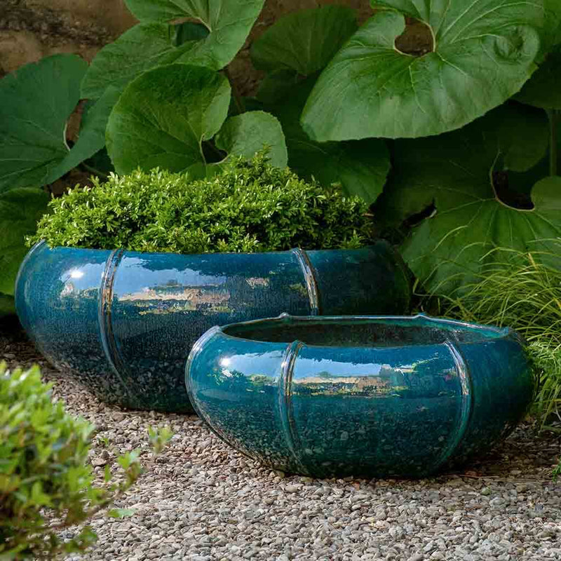 Set of 2 blue low bowls in front of large leaves