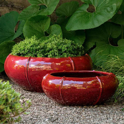 Set of 2 red low bowls in front of large leaves