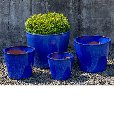 Grouping of 4 blue containers shown in front of concrete wall