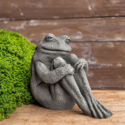 Sitting gray frog in front of green shrub