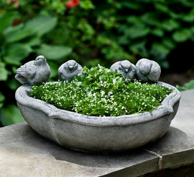 Decorative shallow concrete container with 4 bird statues perched on the back, full of green plants and white flowers