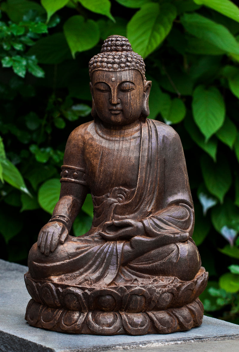 Dark brown sitting buddha on a wall