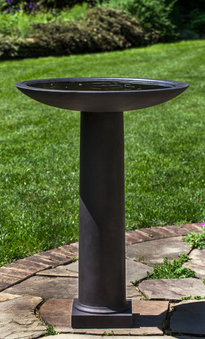 Tall black birdbath with round bowl on top of slender pedestal