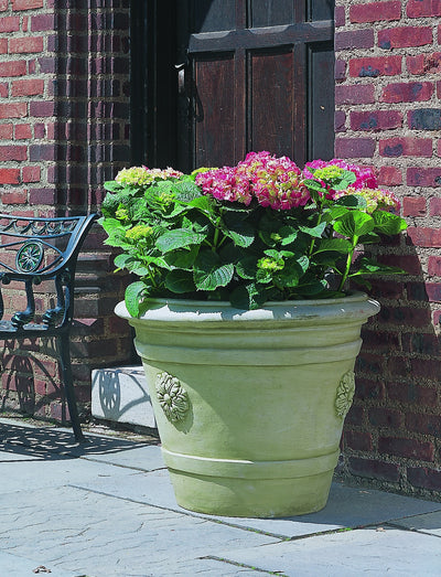 Green container with medallion detail planted with pink hydrangeas