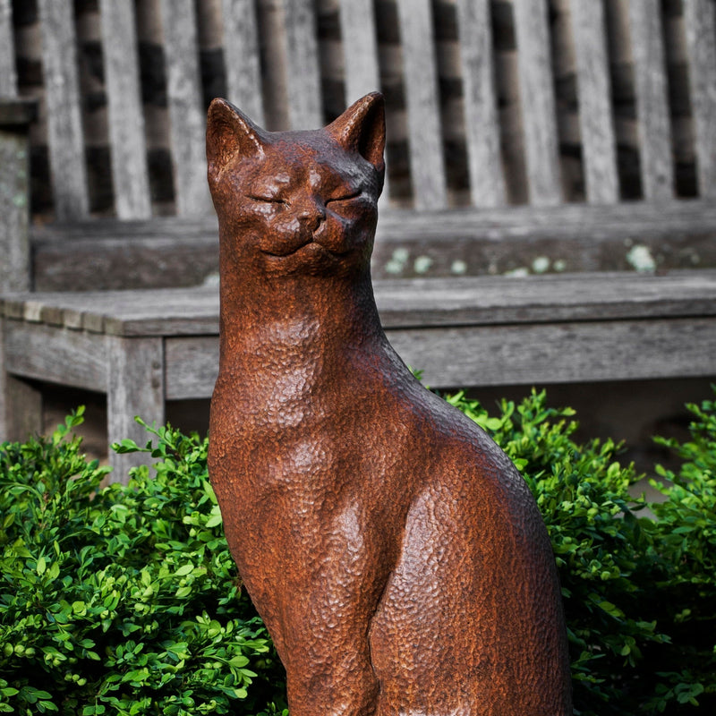 Brown cat sitting tall in front of wooden bench