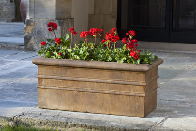 Classic rectangular window box planted with red geraniums
