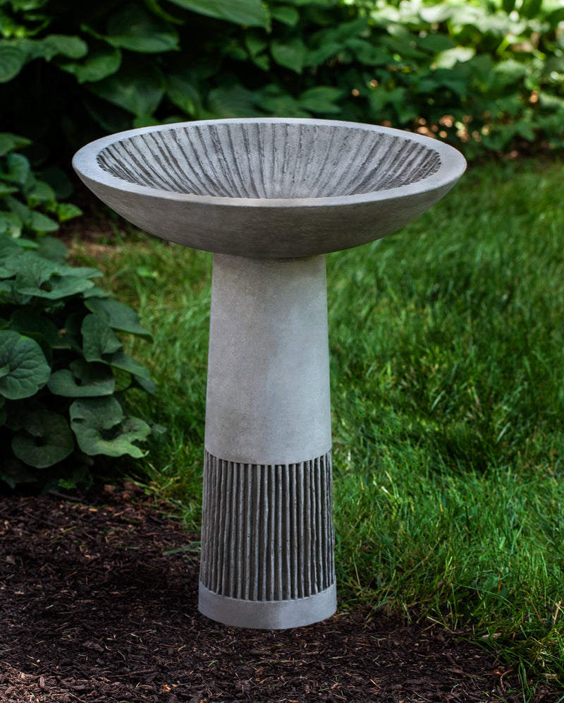 Round birdbath with etched bowl and etched stand bottom