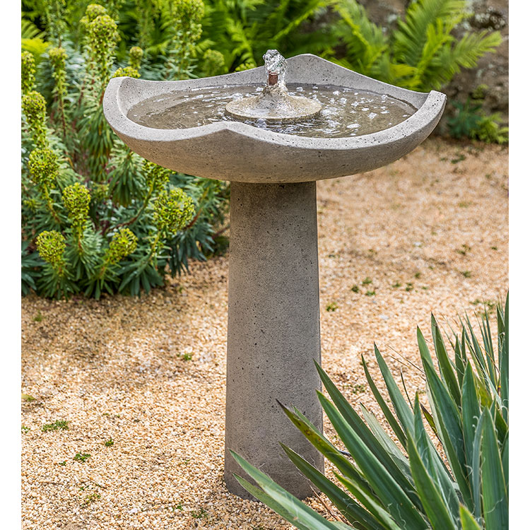 Birdbath fountain shown running behind succulent plant