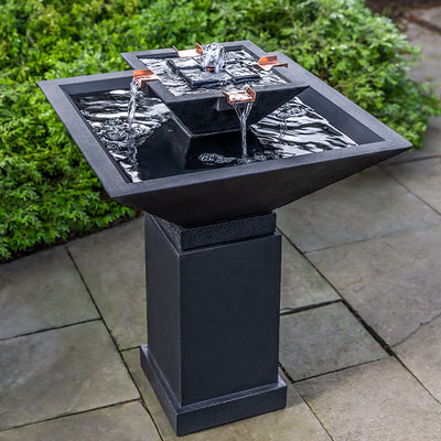 Black square bird bath fountain with two square bowls and four copper spouts