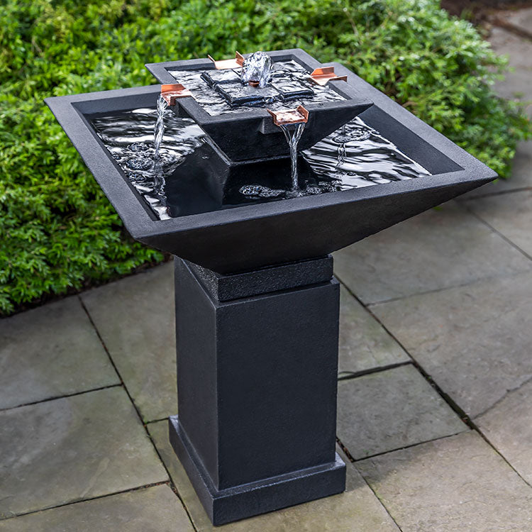 Black square bird bath fountain with two square bowls and four copper spouts