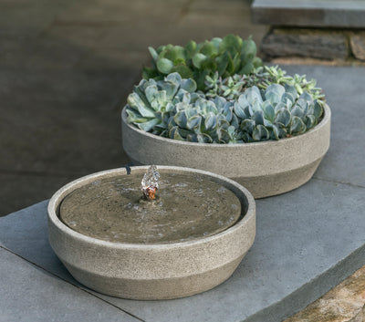 Low beveled fountain with simple bubbler pictured in front of a bowl planted with succulents