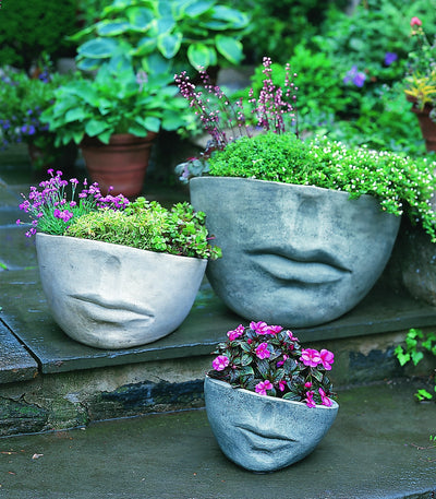 Grouping of 3 containers in the shape of a face shown planted  in front of greenery