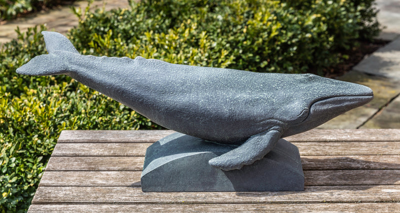 Gray humpback whale lying on top of half circular plinth