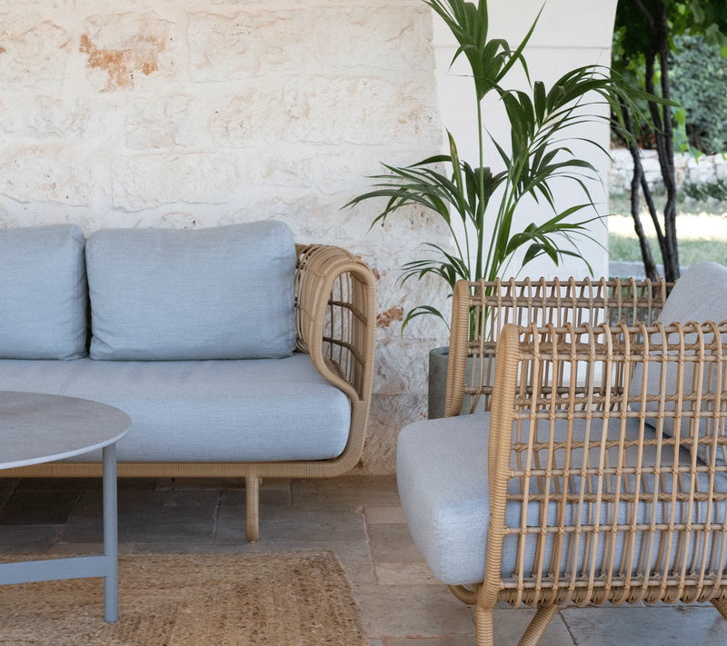 Outdoor sofa and armchair shown against  a rustic wall  and next to a tropical potted plant
