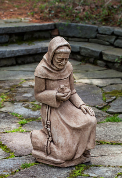 Saint Francis kneeling and holding a bird