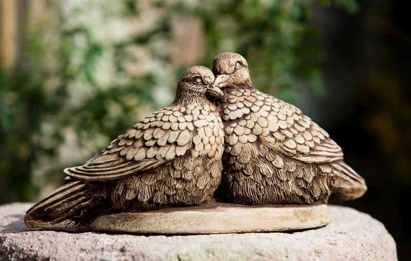Two birds nestling each other on top of small plinth