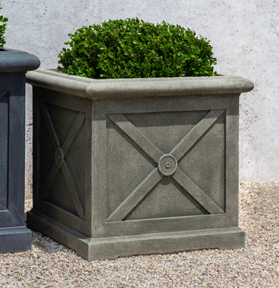 Grey square container planted with boxwood on top of gravel floor