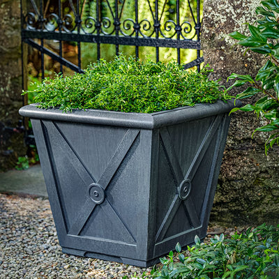 Directoire style container in slate grey planted with a shrub and shown in front of a garden gate