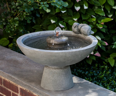 Tabletop fountain with two birds on the edge displayed on a wall