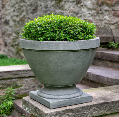Grey urn planted with evergreen shrub shown on top of step walls