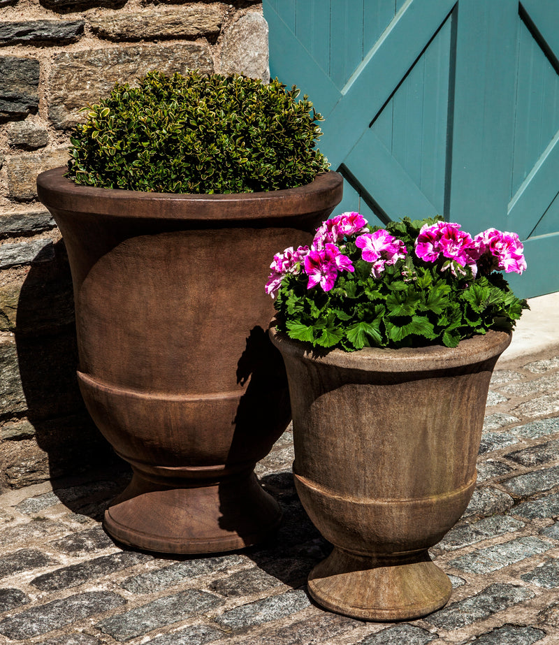 Set of 2 brown urns planted with a boxwood and pink geraniums in front of blue door
