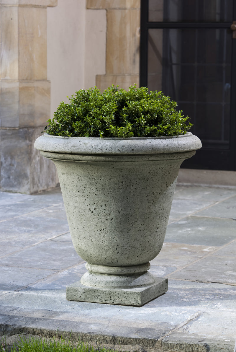 Large grey urn planted with a boxwood shown on top of stone flooring