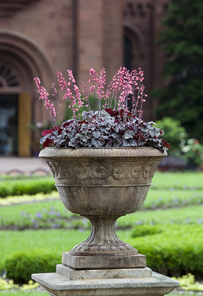 Foliated scroll urn planted with coral bells in front of estate house