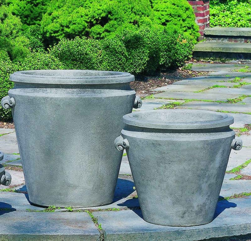 Set of 2 containers with scroll handle details shown on stone path