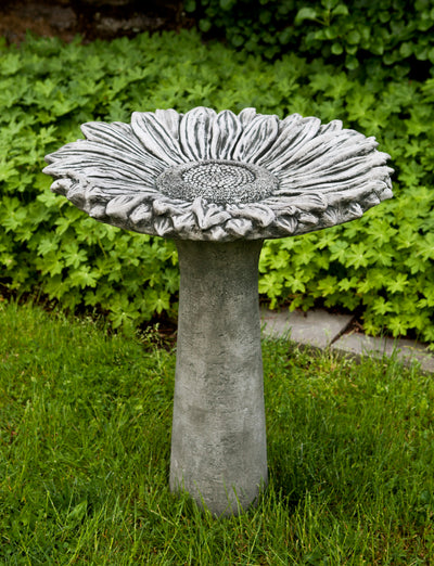 Gray birdbath with sunflower shaped bowl on simple pedestal