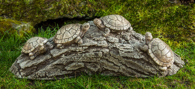 Four light brown turtles walking in a row on a tree trunk