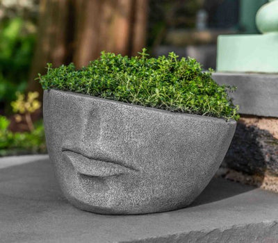 Container in the shape of a face planted with greenery 