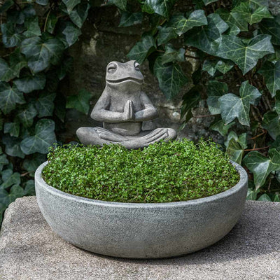 Round bowl container with a yoga frog on the edge in front of ivy wall