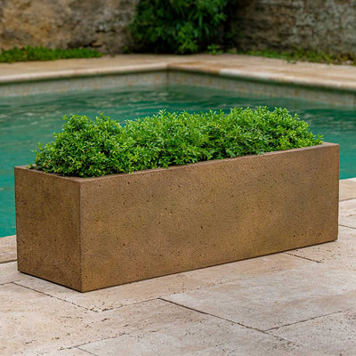 Brown rectangular planter planted with a boxwood and shown in front of a pool