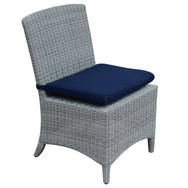 Light gray woven chair shown with dark cushion on white background
