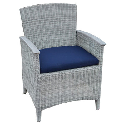 Light gray woven armchair shown with blue cushion on white background