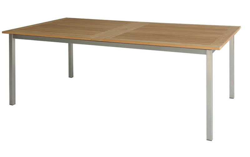 Wooden table with metal legs on white background
