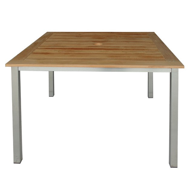 Square wooden table with metal legs on white background