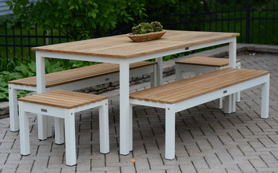 Teak dining set with white legs including a table, two benches and two footstools